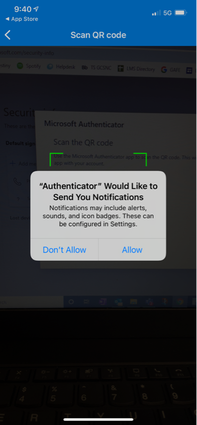 Microsoft Authenticator app set up page. If prompted allow notifications. Add an account and select work or school